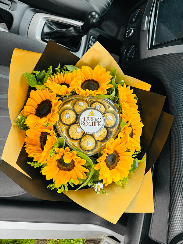 Bouquet girasol y corazón Ferrero